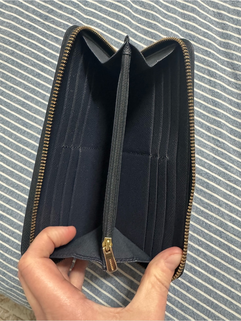 Coach Navy Blue Leather Zip-Around Wallet with Gold Logo - Picture 4 of 5